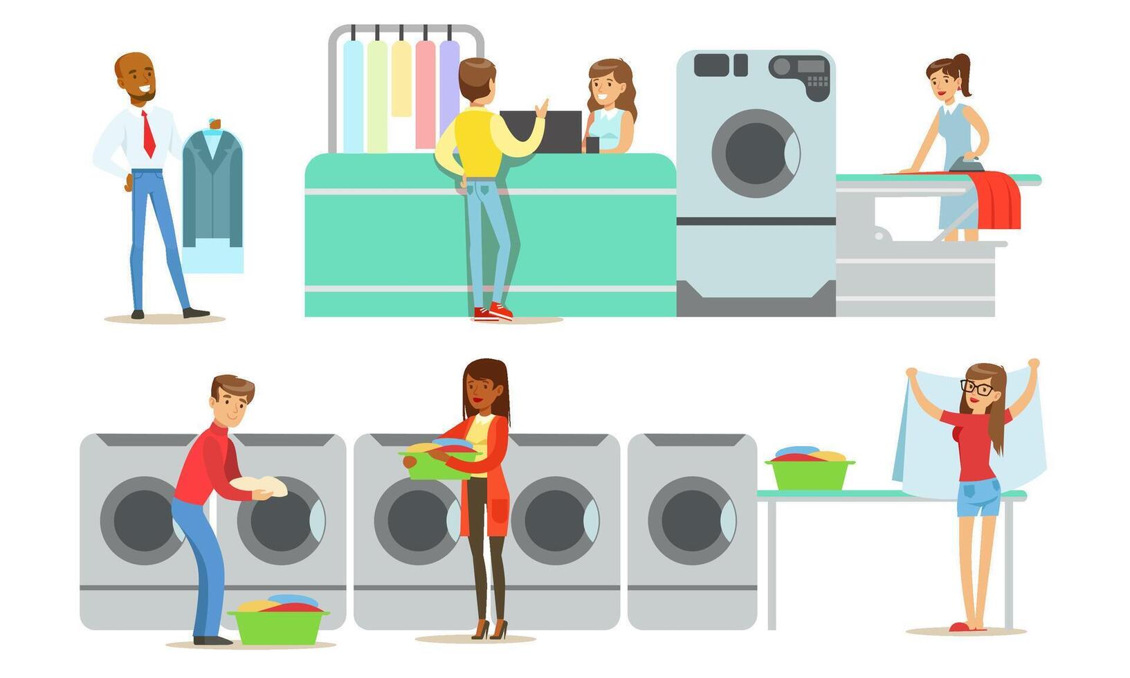 Dry Cleaning and Laundry Service Set, People Using Professional Textile Clothing Service Illustration vector