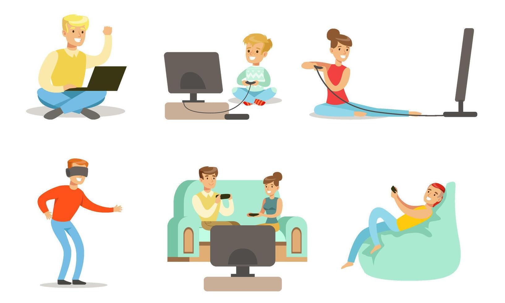 People Playing Games Set, Men, Women and Kids Characters Relaxing at Home Illustration vector