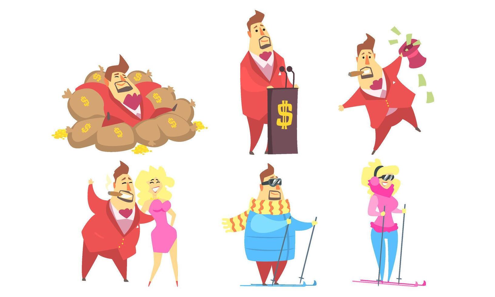 Funny Rich Millionaire in Different Situations Set, Fat Businessman Character Cartoon Illustration vector