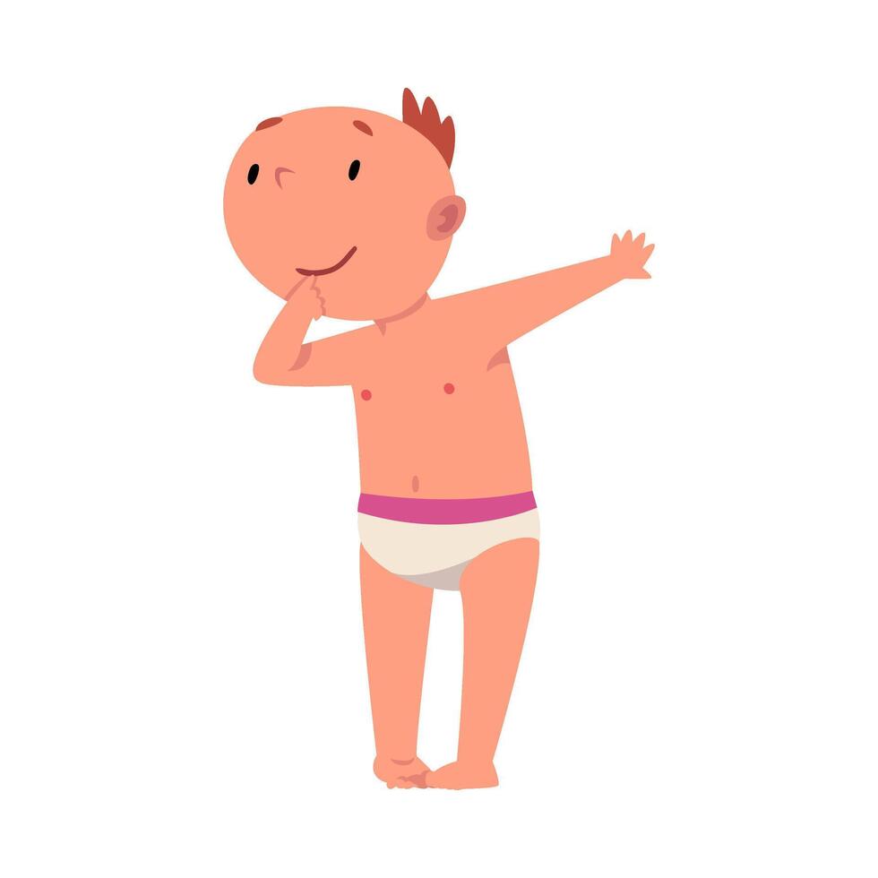 Baby in diaper thinking with outstretched arm cartoon illustration vector