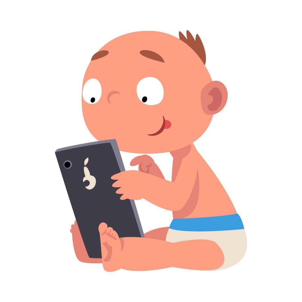 Baby in diaper plays on smartphone cartoon illustration vector