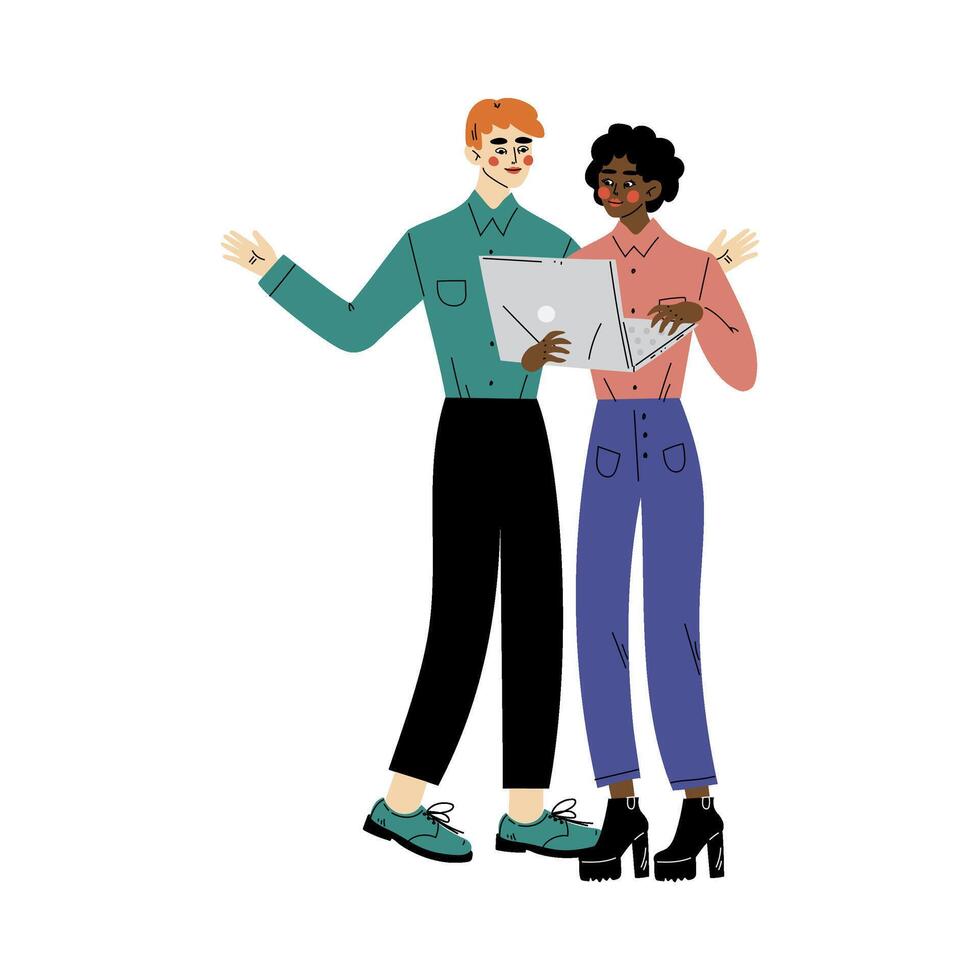 Girl and a guy are standing and looking at something on a laptop cartoon illustration vector