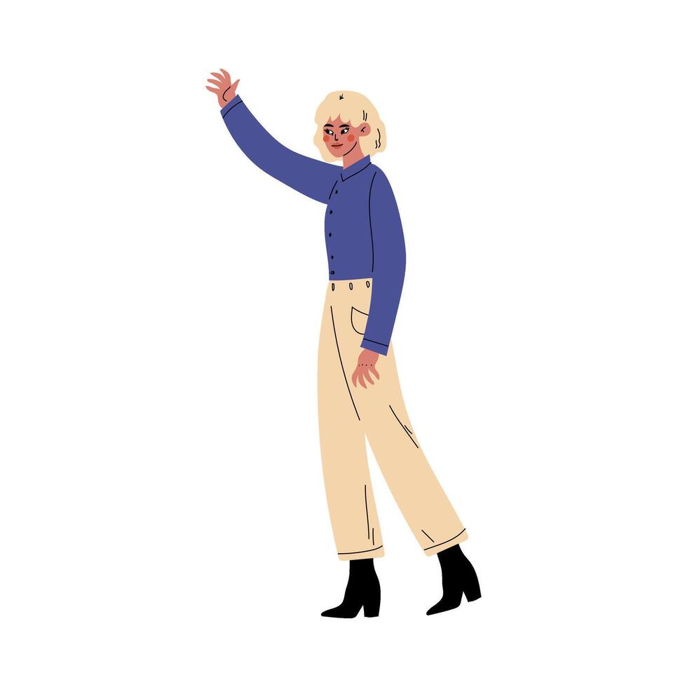 The girl waves her hand and holds the other hand down cartoon illustration vector