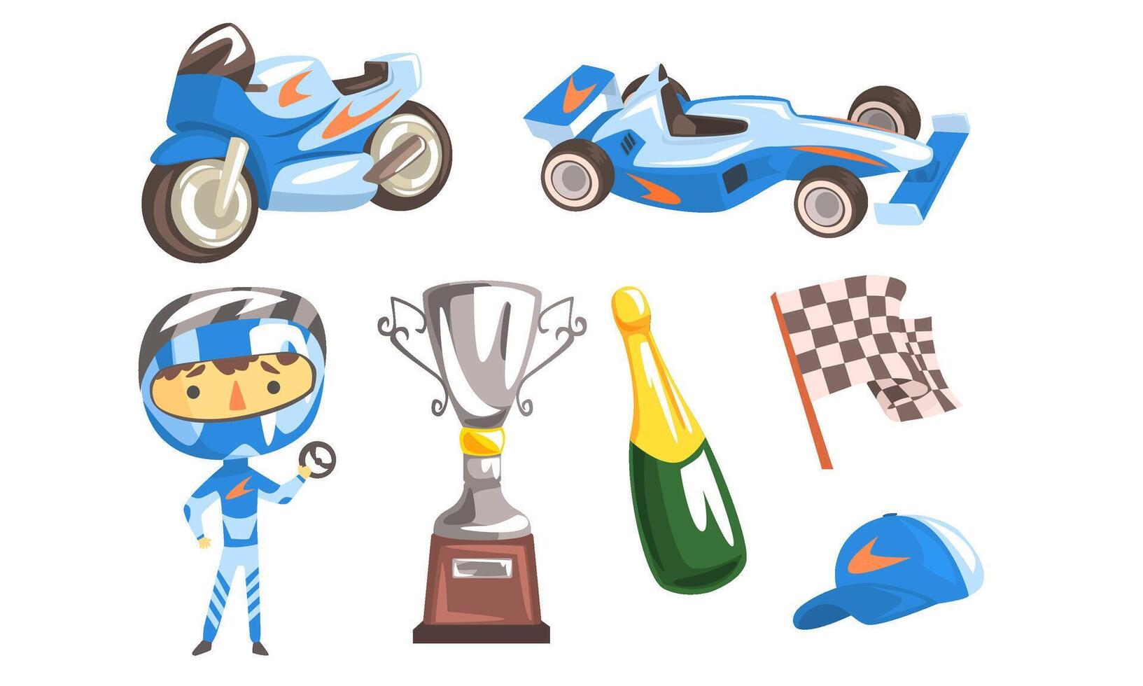 Professional Race Driver with Equipment Set, Winner Cup, Racing Flag, Trophy Cup, Sport Car and Motorcycle, Bottle of Champagne Illustration vector