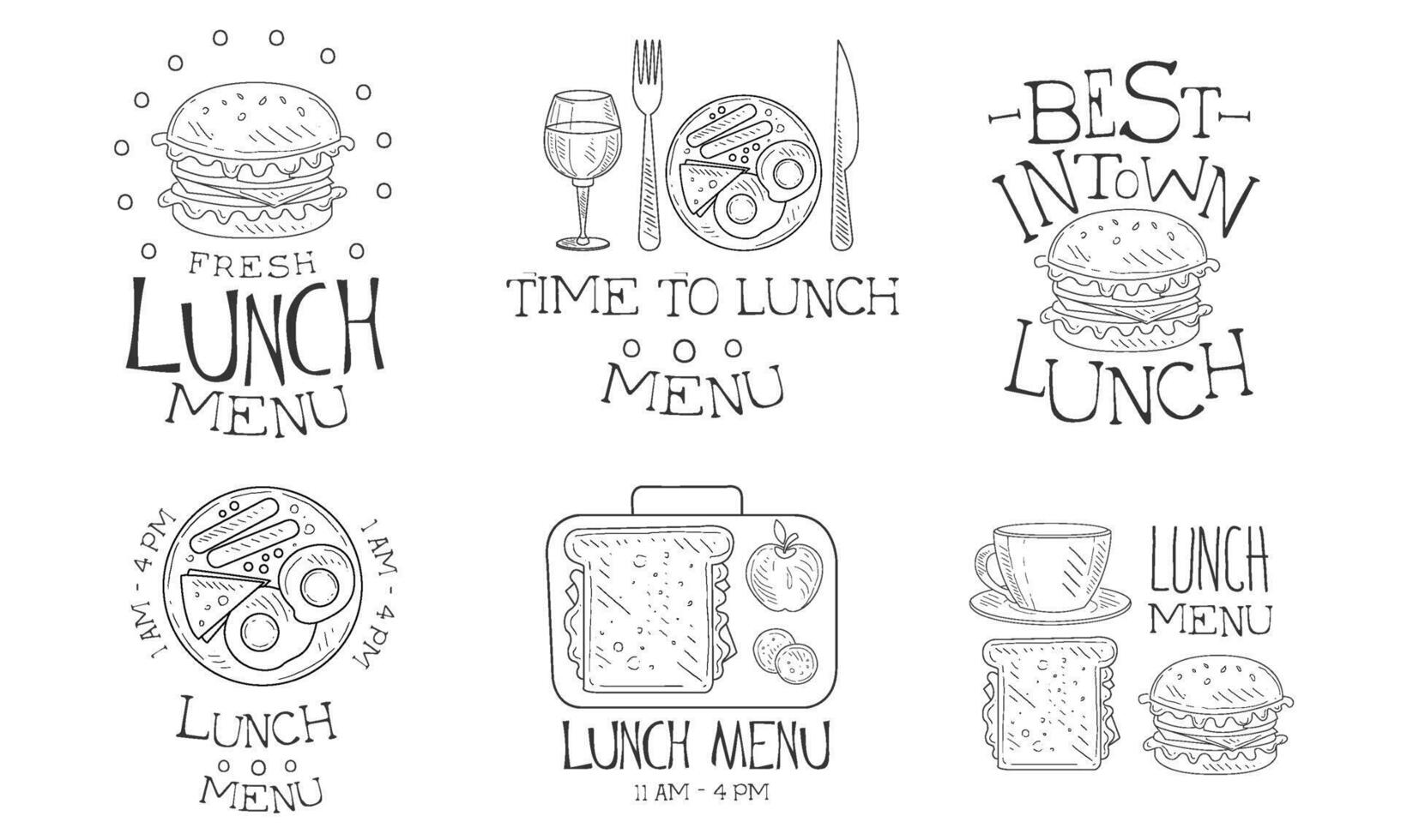 Time to Lunch Hand Drawn Retro Labels Set, Best in Town Fresh Natural Food Menu Monochrome Badges Illustration vector