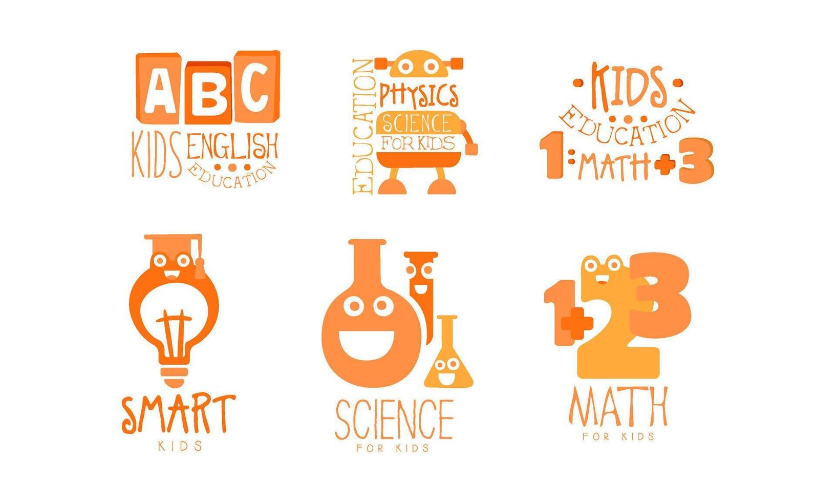 Kids Science Education Logo Templates Set, Physics, Math, English Labels Illustration vector