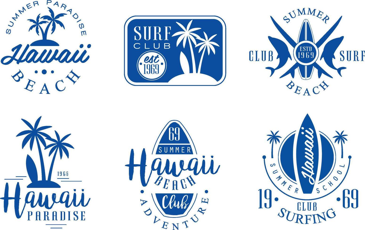 Surf Club Retro Logo Templates Set, Hawaii Beach Summer Paradise Badges Illustration vector