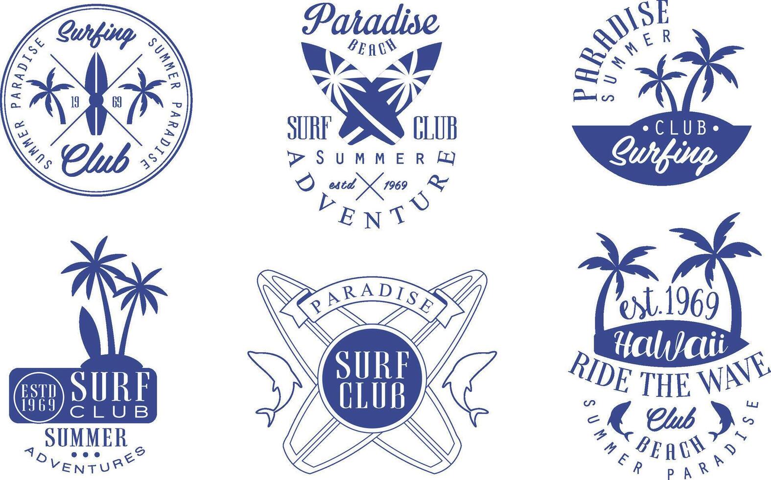 Surfing Club Retro Logo Templates Set, Paradise Beach Club Summer Adventures Monochrome Badges Illustration vector