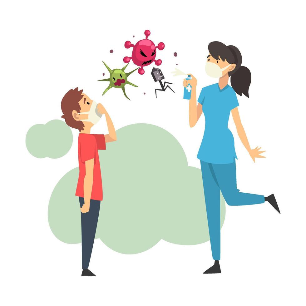 Woman with a boy kills viruses with a balloon cartoon illustration vector