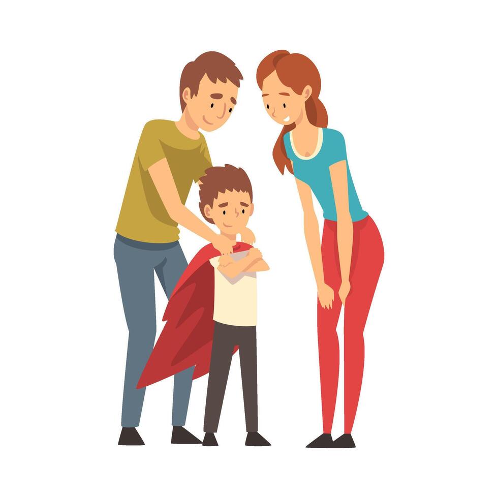Mom and dad are looking at their child cartoon illustration vector