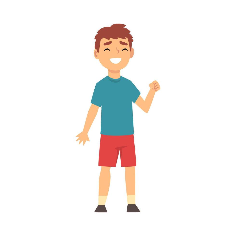 Boy smiles and shows a fist in support cartoon illustration vector