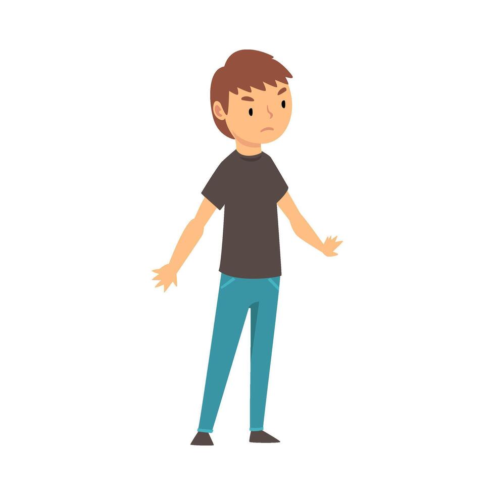 Boy expresses dissatisfaction with something cartoon illustration vector