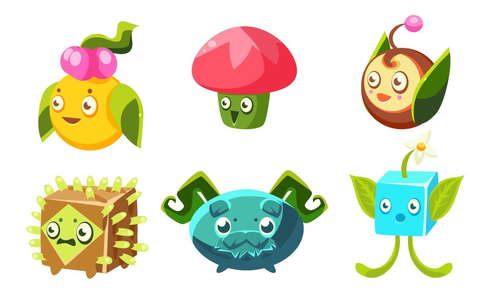 Cute Funny Monsters Set, Fantasy Plants Characters, Mobile or Computer Game User Interface Assets Illustration vector