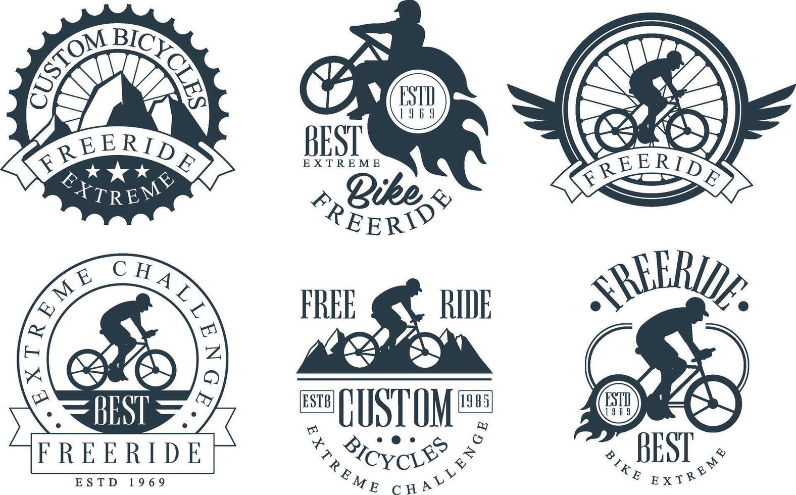 Extreme Freeride Retro Logo Templates Set, Bicycles Extreme Challenge Monochrome Badges Illustration vector