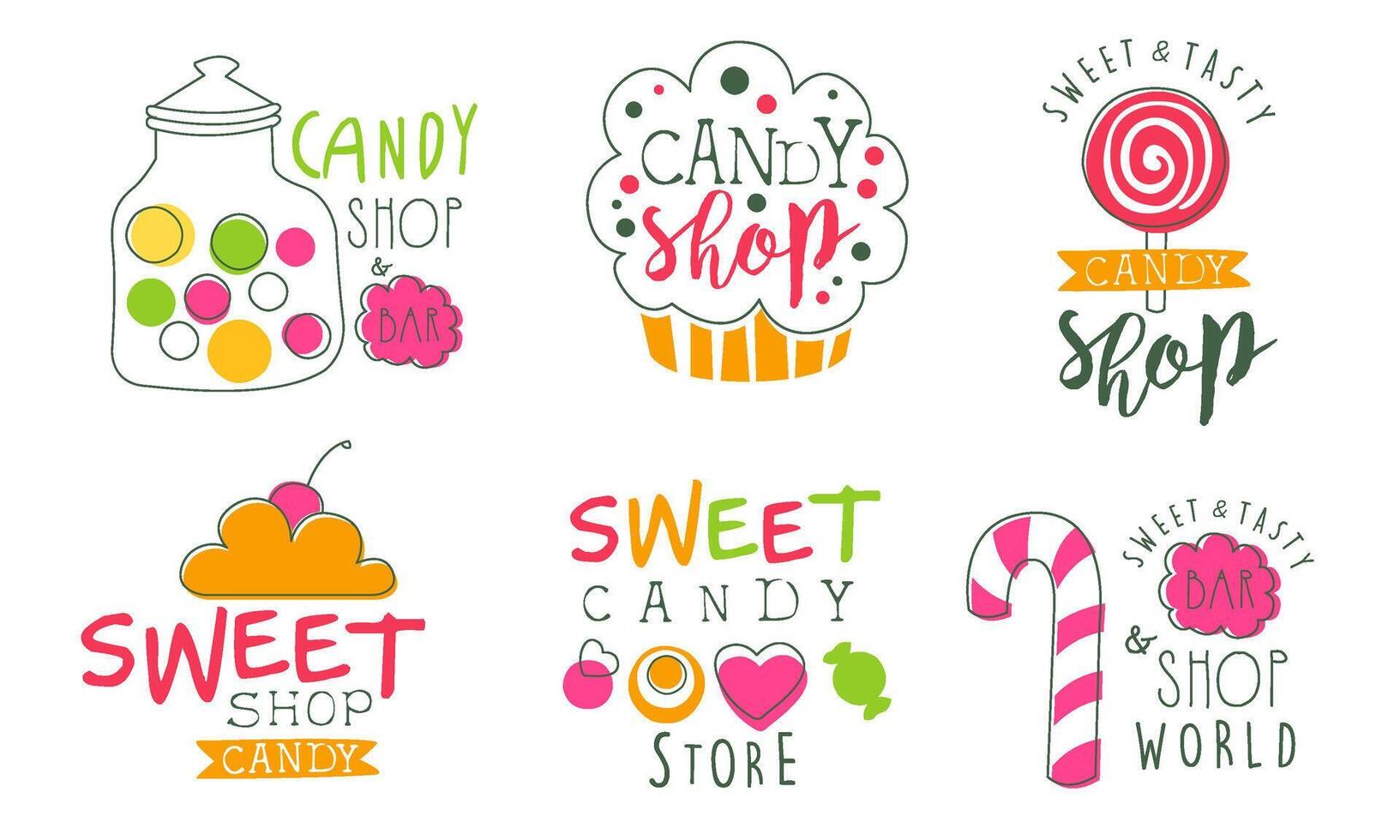 Candy Shop Logo Templates Set, Sweet and Tasty Bar and Store Bright Hand Drawn Badges Illustration vector