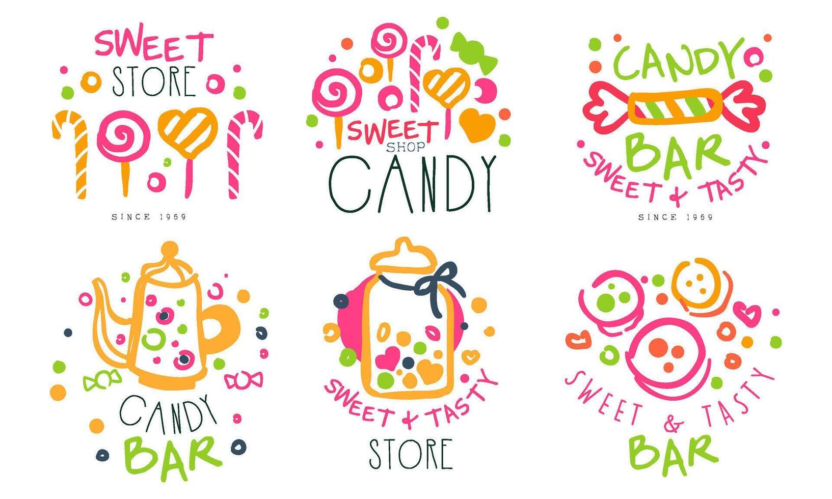 Sweet Store Logo Templates Set, Candy Shop Bright Hand Drawn Badges Illustration vector