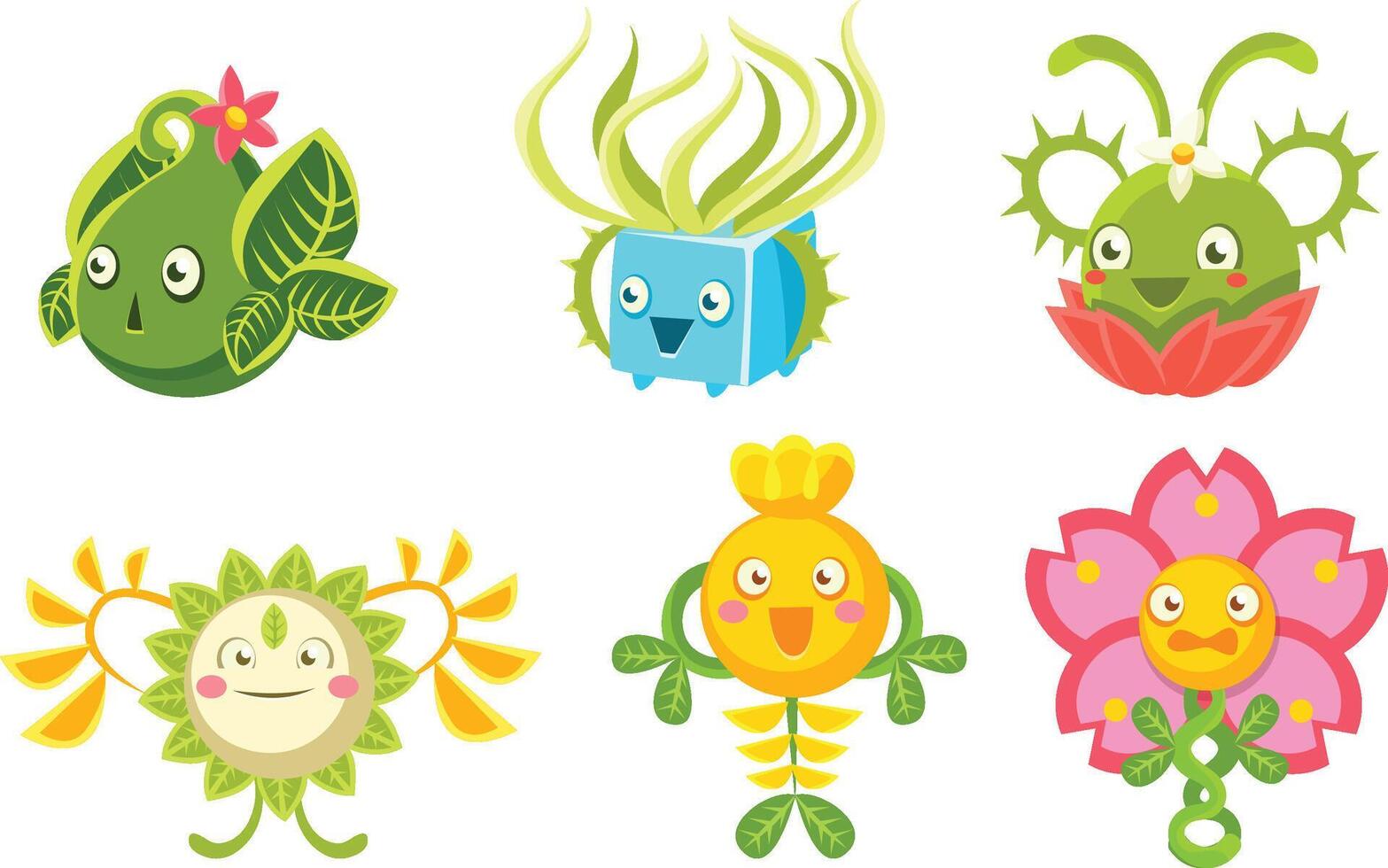Cute Monsters Set, Funny Fantasy Plants Characters, Mobile or Computer Game User Interface Assets Illustration vector