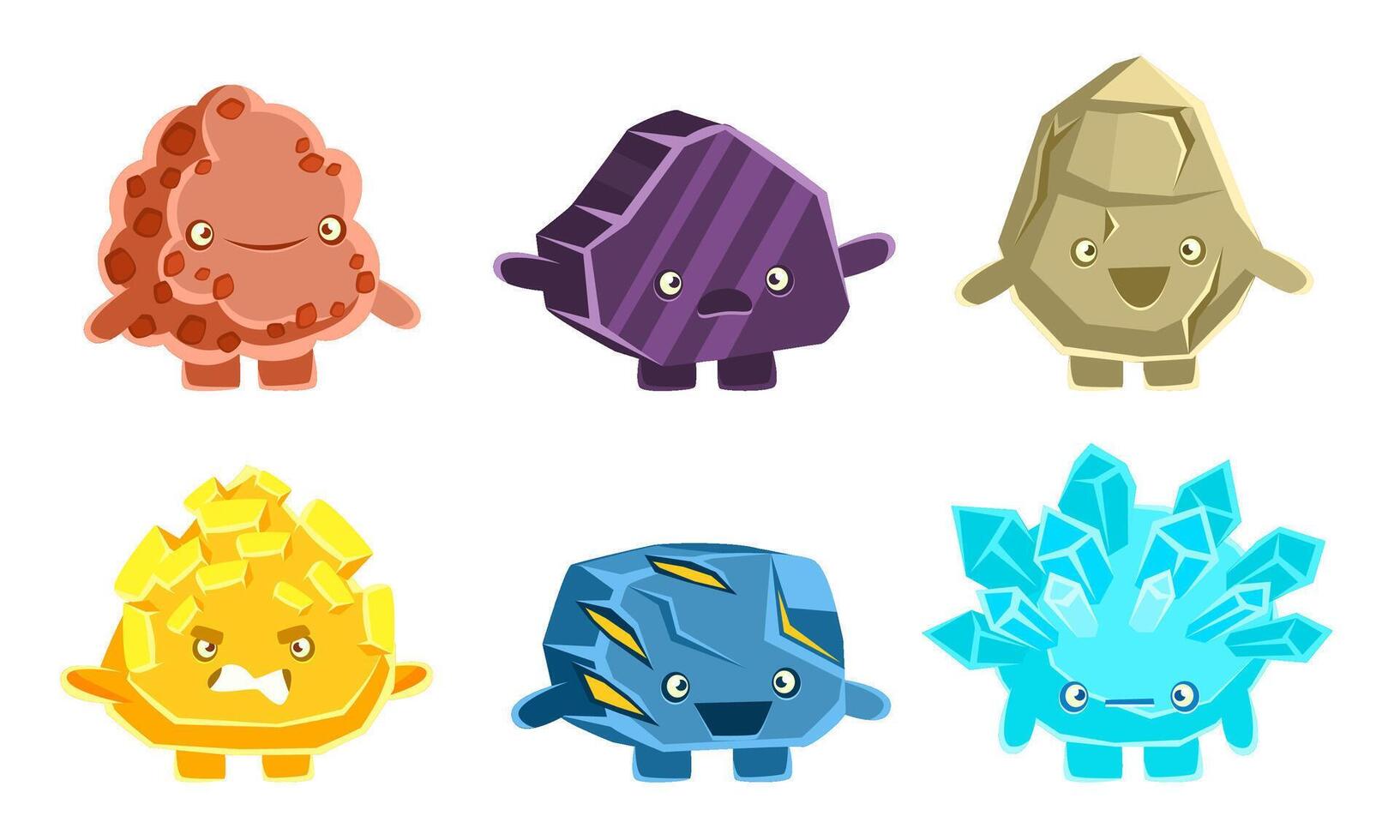Cute Stones Characters Set, Friendly Humanized Crystals with Funny Faces Illustration vector