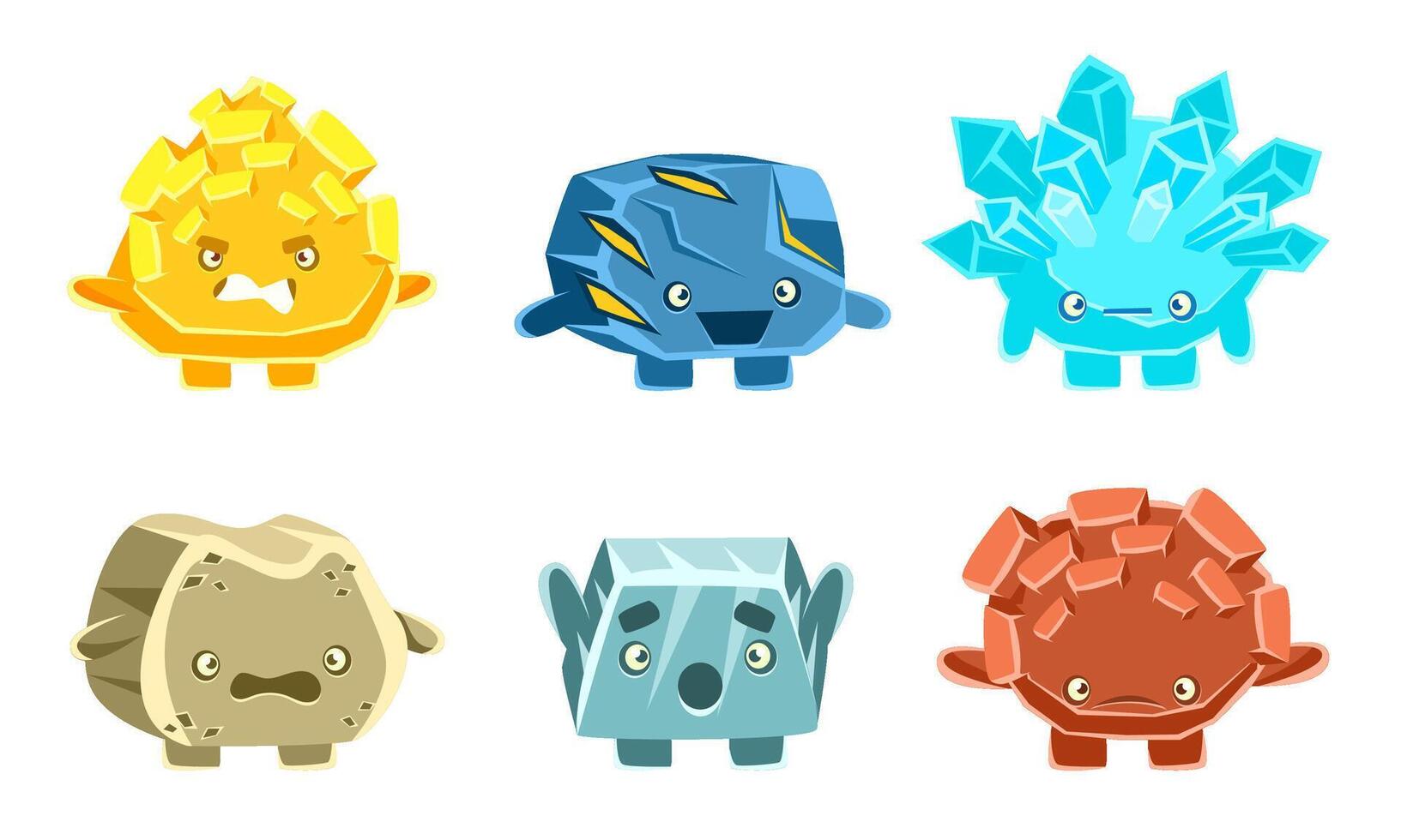 Stones and Crystals Characters Set, Cute Friendly Humanized Rocks with Funny Faces Illustration vector