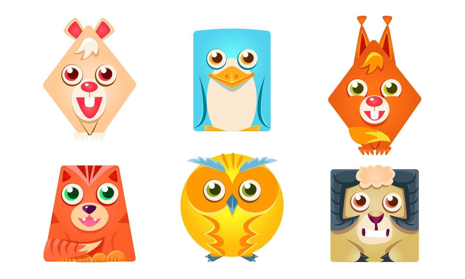 Cute Animals of Geometric Shape Set, Rabbit, Penguin, Fox, Tiger, Owl, Sheep Illustration vector