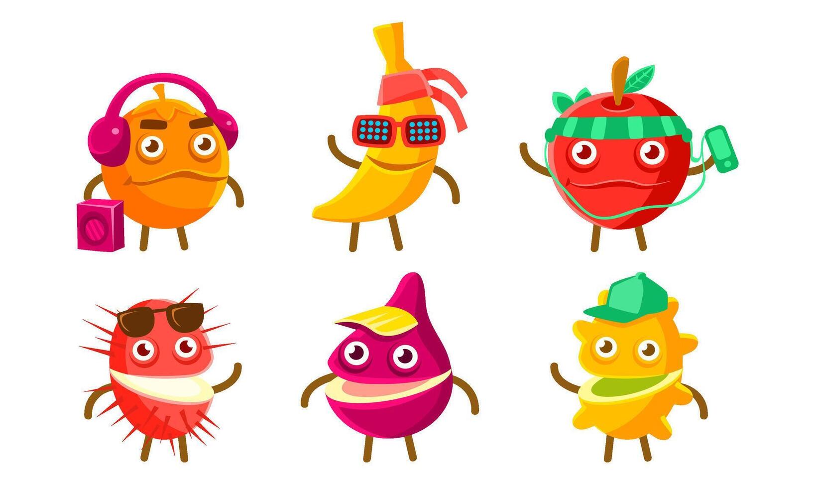 Funny Exotic Fruit Characters Set, Orange, Banana, Apple, Kiwano, Lychee Different Activities Illustration vector