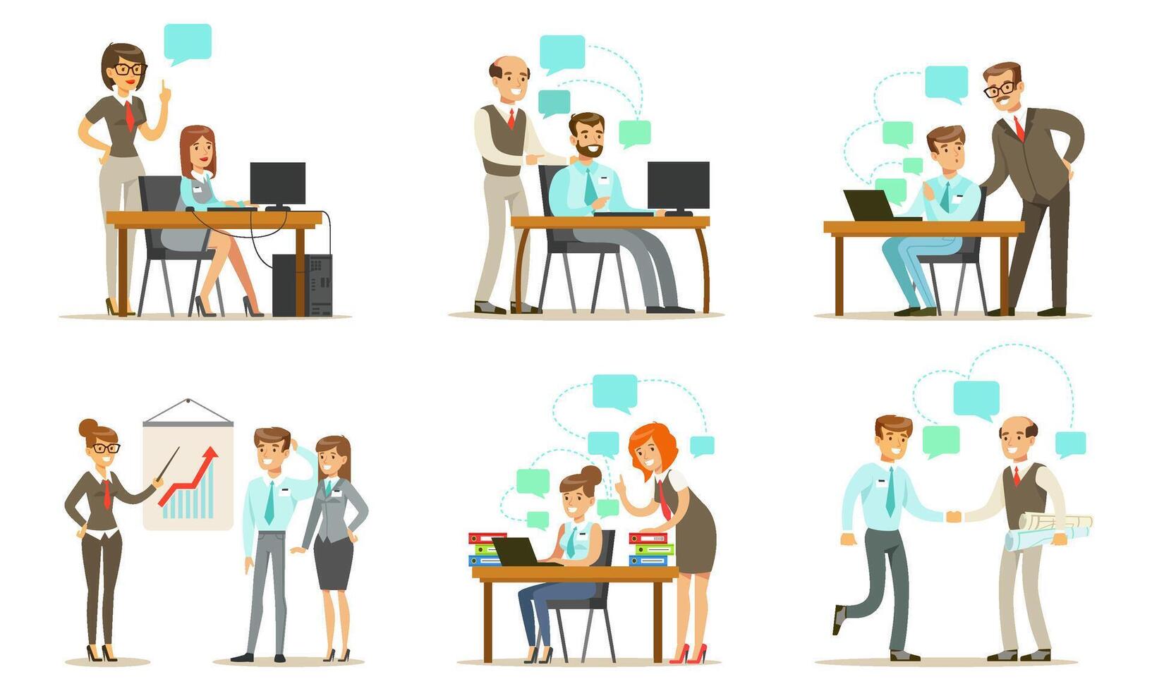 Business People Characters Working in the Office Set, Male and Female Managers or Employees Metting, Talking and Working Together Illustration vector