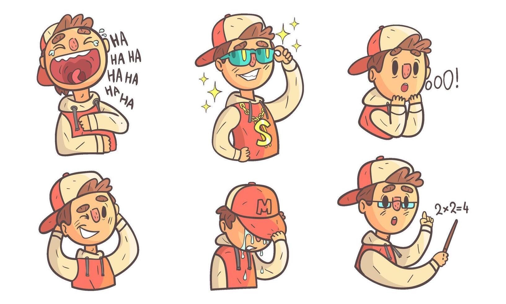 Boy Wearing Hoodie and Cap Showing Different Emotions Set, Funny Male Cartoon Character with Various Face Expressions Illustration vector