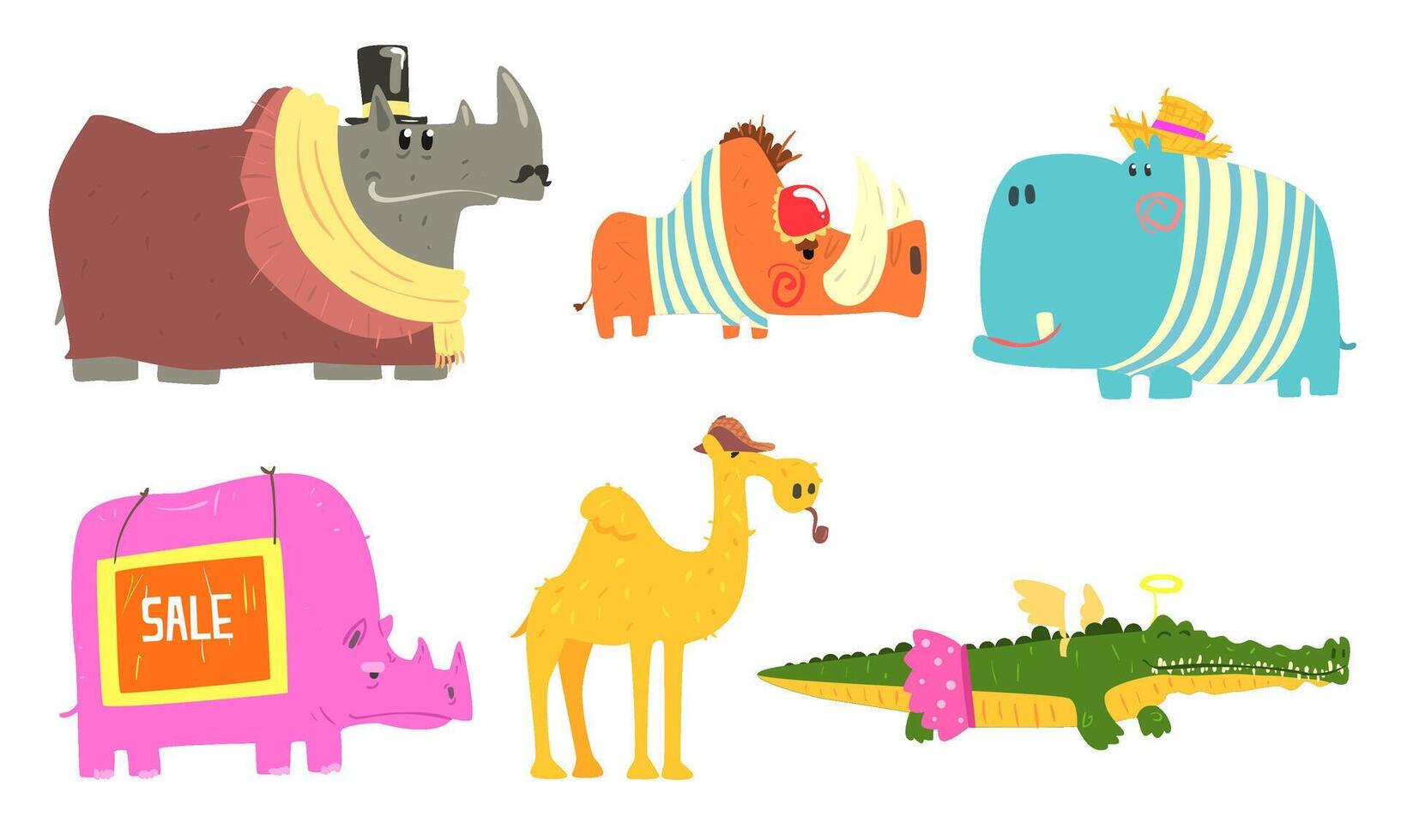 Funny African Animals Cartoon Characters Set, Rhinoceros, Porcupine, Camel, Crocodile, Hippopotamus Illustration vector