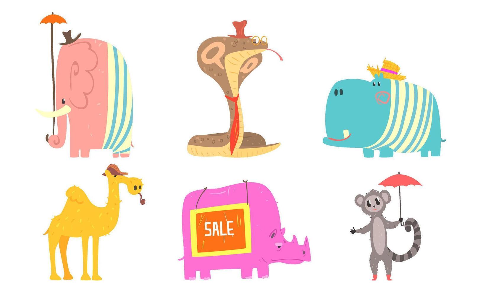 Funny African Animals Cartoon Characters Set, Rhinoceros, Camel, Cobra Snake, Hippopotamus, Elephant, Lemur Illustration vector
