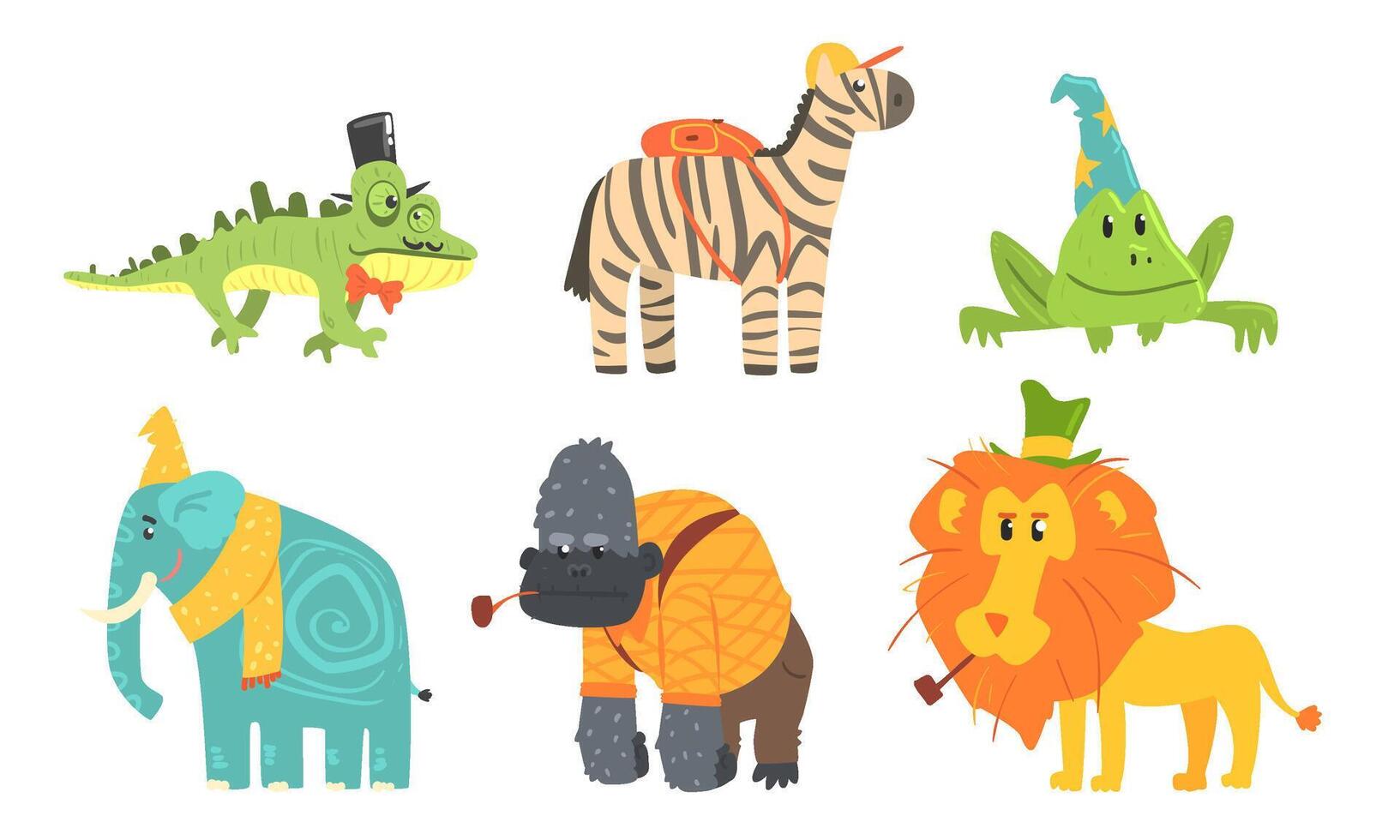 Funny African Animals Cartoon Characters Set, Gorilla, Chameleon, Frog, Elephant, Lion, Zebra Illustration vector
