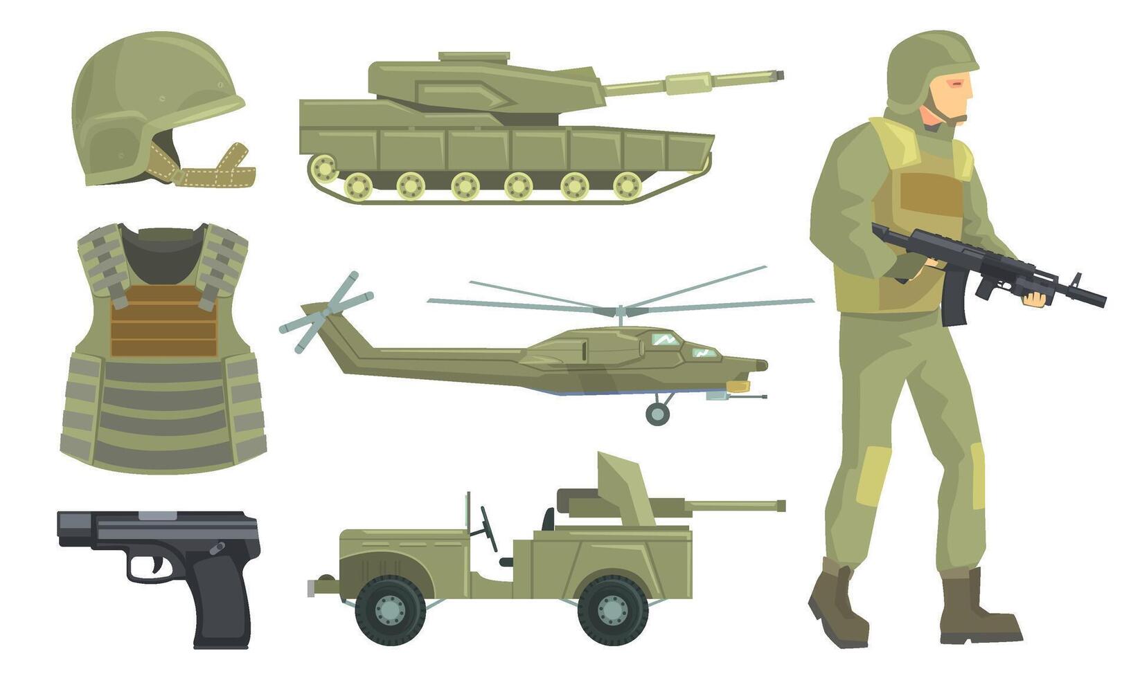 Military Vehicles, Weapon and Soldier in Army Uniform Set Illustration vector