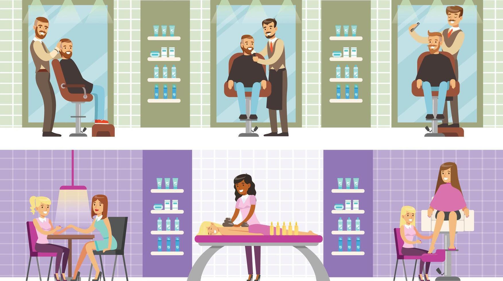 Beauty or Hairdressing Salon Interior with Workers and Clients Set, Men and Women Having Defferent Treatment Procedures Illustration vector
