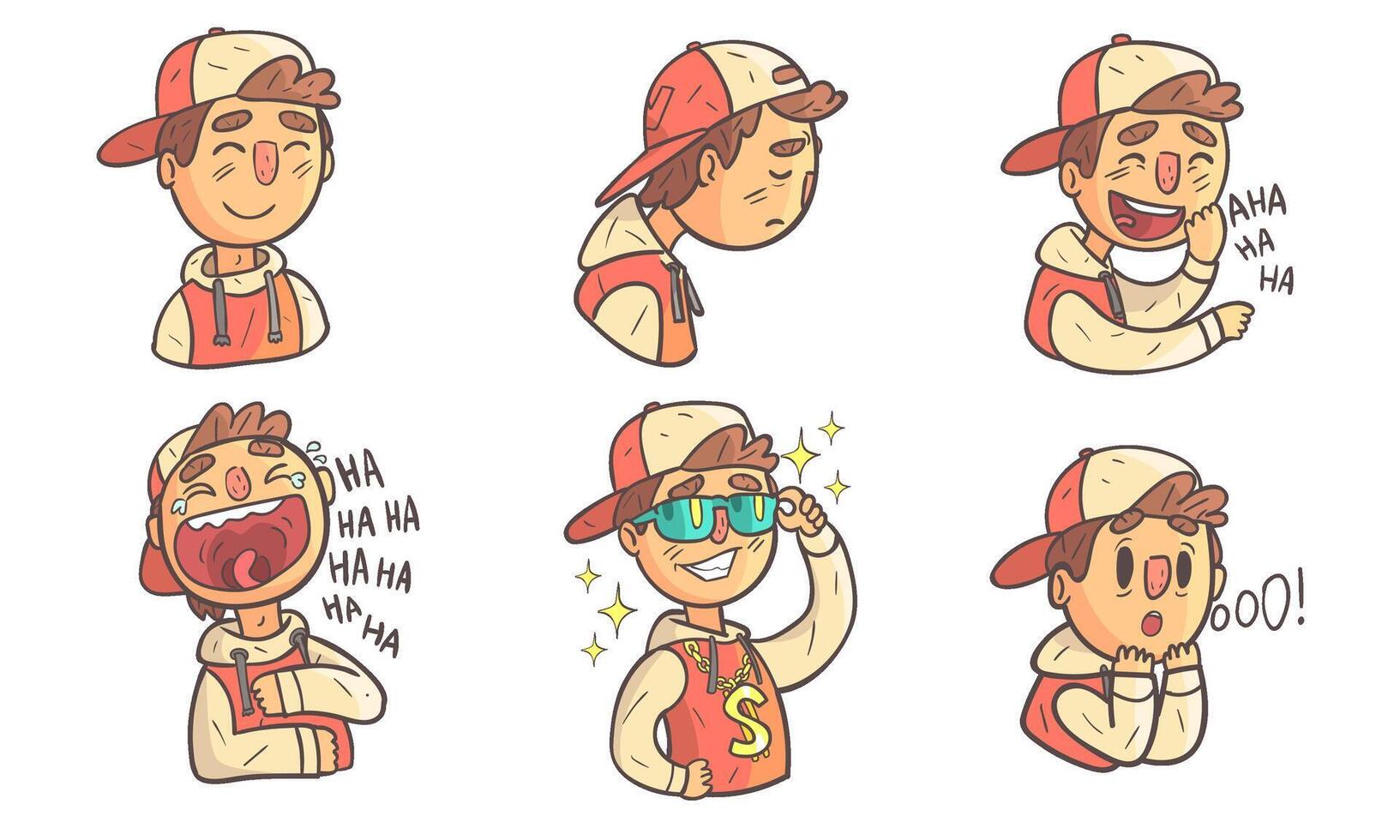 Boy Showing Different Emotions Set, Male Cartoon Character Wearing Hoodie and Cap with Various Face Expressions Illustration vector