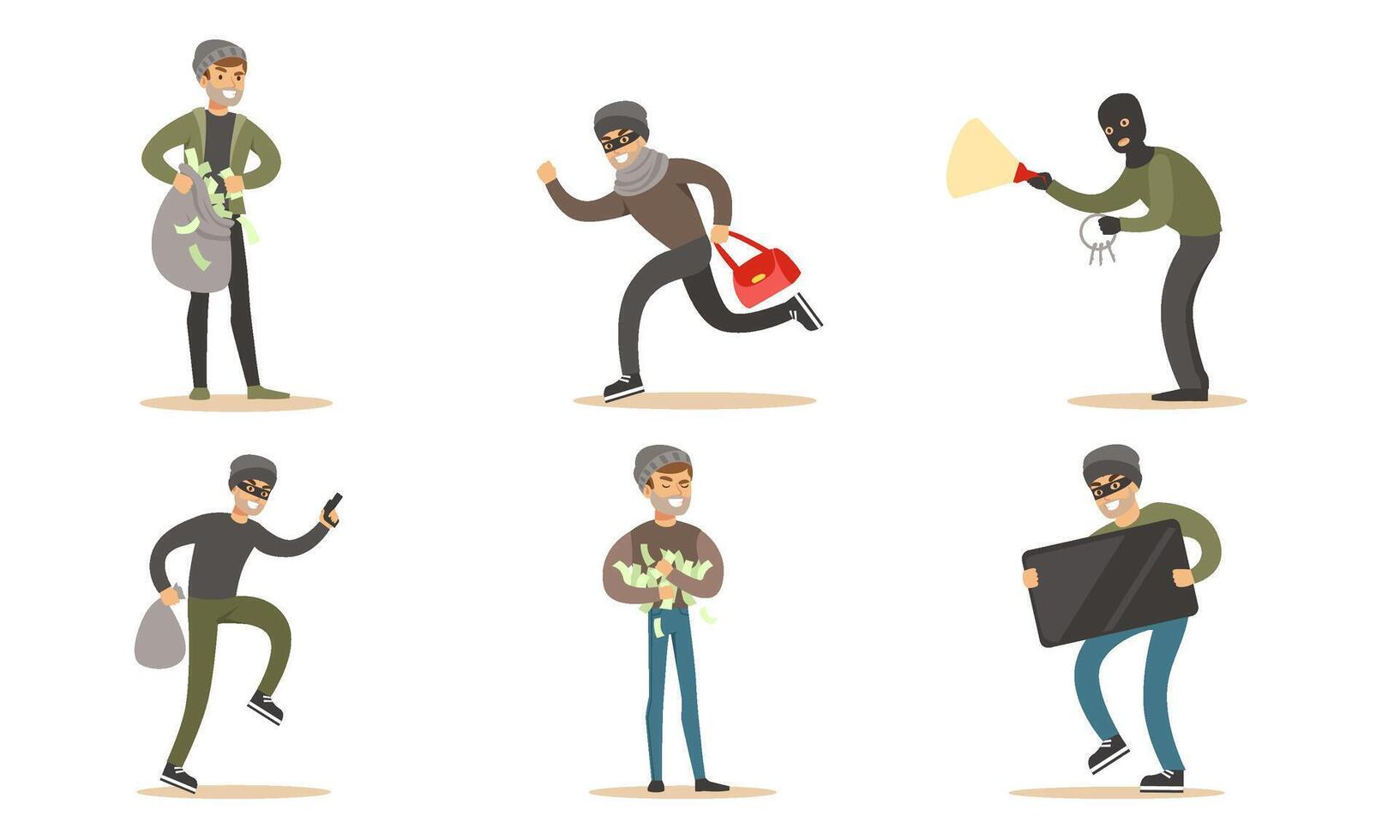 Criminals and Robbers Characters Set, Masked Burglars in Dark Clothes in Masks Stealing Money, Handbag, Electronics Illustration vector
