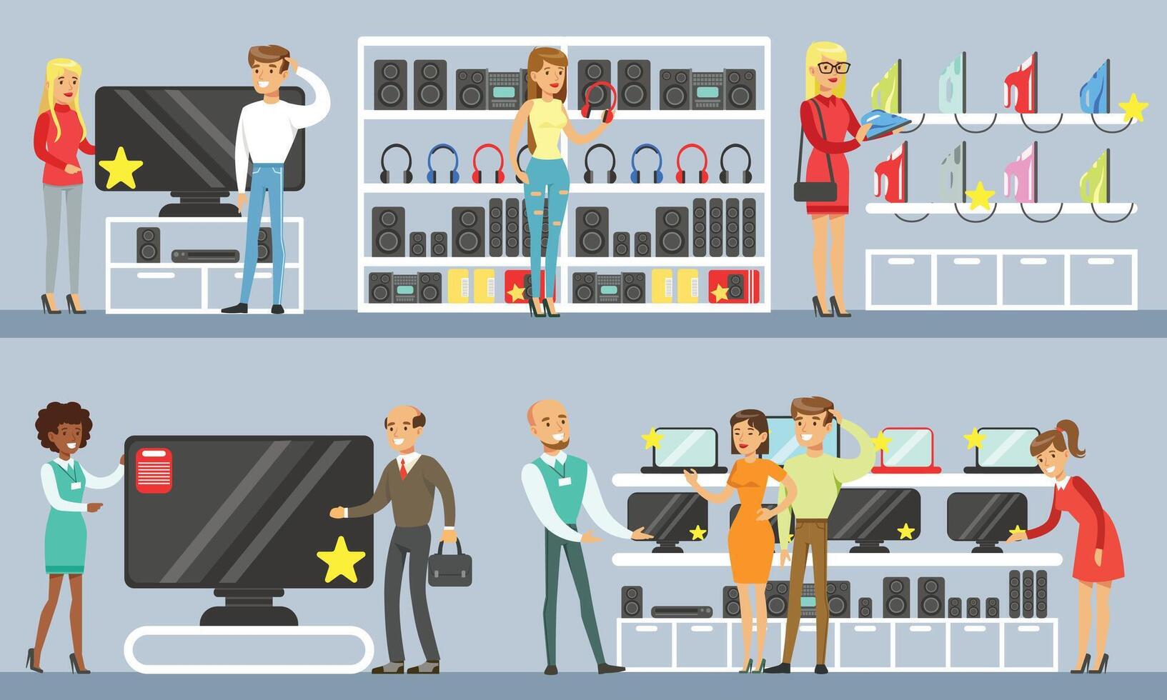 People Shopping for Household Appliances Set, Men and Women Choosing and Buying Electronics in Store Illustration vector