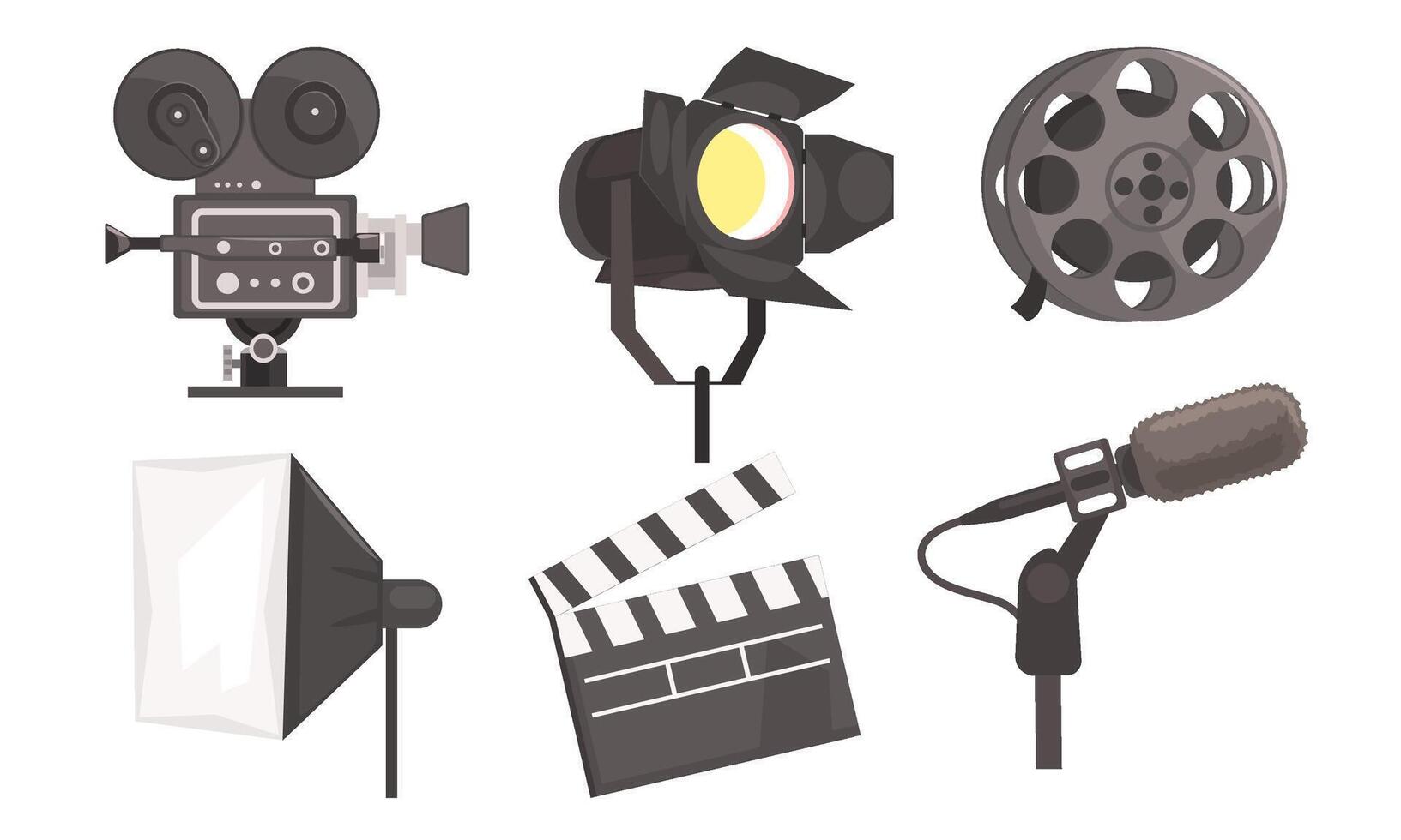 Film Industry Equpment Set, Film Reel, Camera, Searchlight, Clapperboard, Microphone Illustration vector