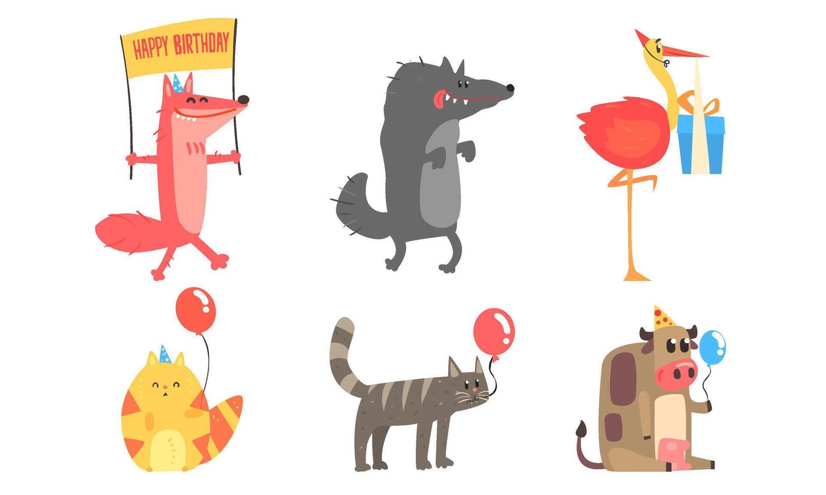 Collection of Cute Animals for Happy Birthday Design, fox, Wolf, Cat, Flamingo, Cow Illustration vector