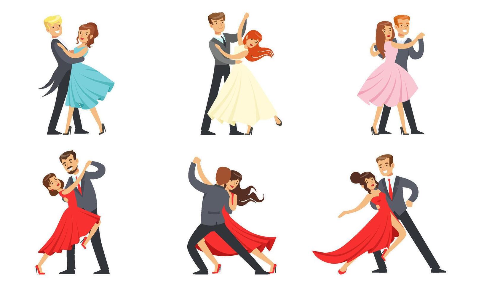 Dancing Couples Set, Professional Dancers Performing Tango, Waltz And Other Dances Illustration vector