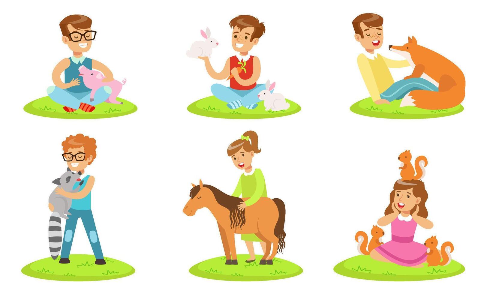 Happy Children and Cute Animals In Petting Zoo Set, Boys and Girls Playing, Feeding and Hugging with Piglet, Rabbit, Fox, Raccoon, Pony, Squirrel Illustration vector