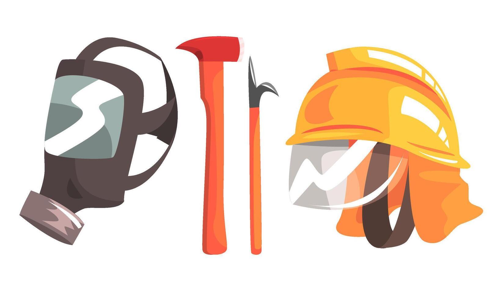Firefighting Equipment Set, Fireman Mask, Helmet, Axe and Scrap Illustration vector
