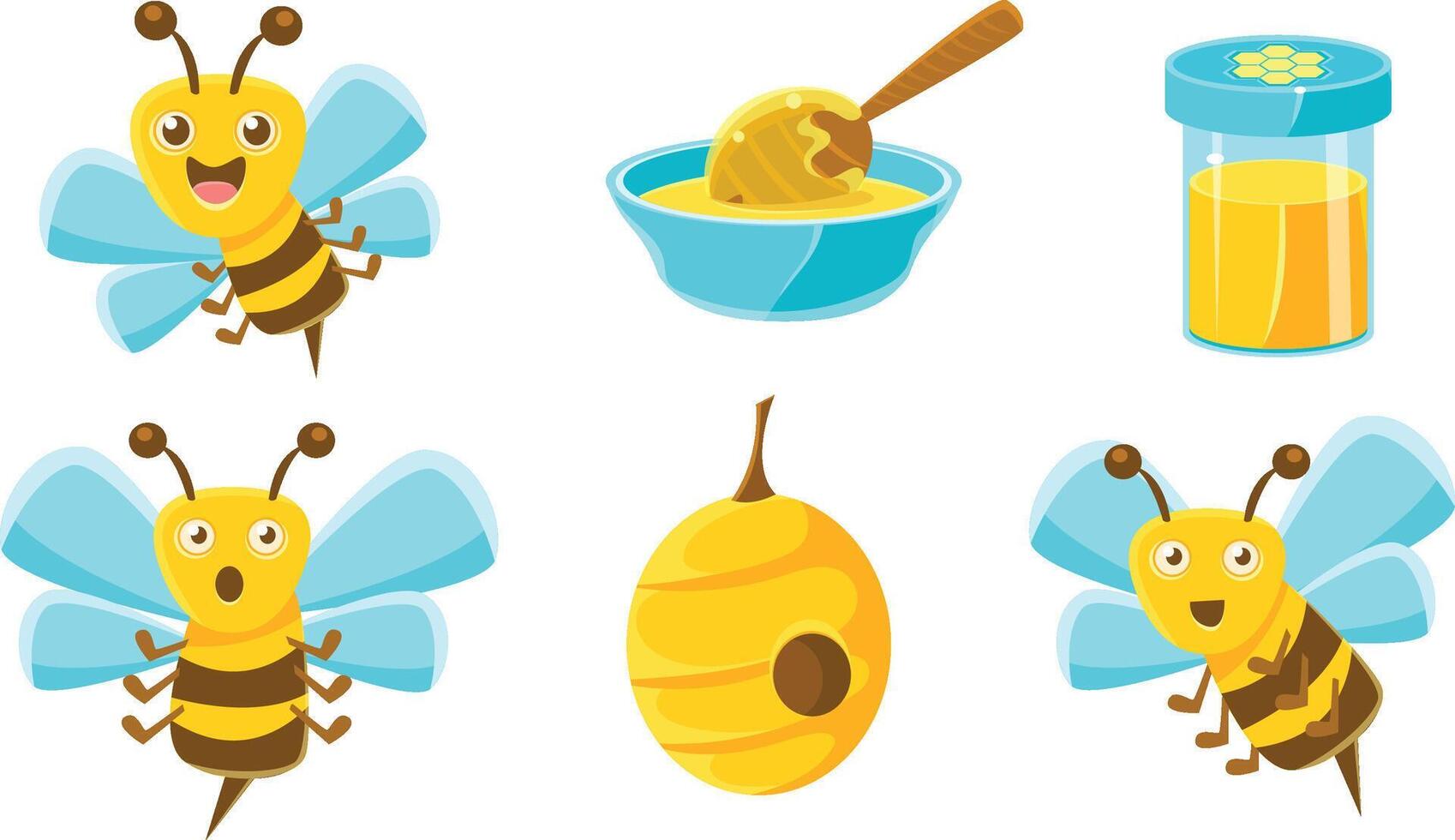 Beekeeping Set, Cute Funny Bee, Beehive, Jar of Honey and Wooden Dipper Illustration vector