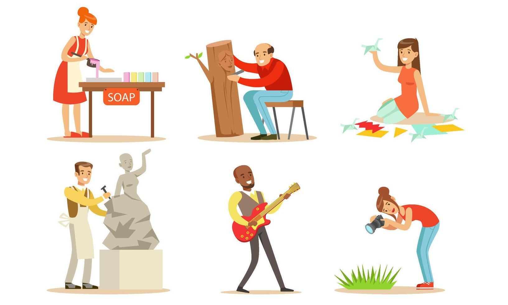 People of Creative Professions and Hobbies Set, Men and Women Making Homemade Soap, Carving, Making Origami Cranes, Playing Guitar, Photographing Illustration vector