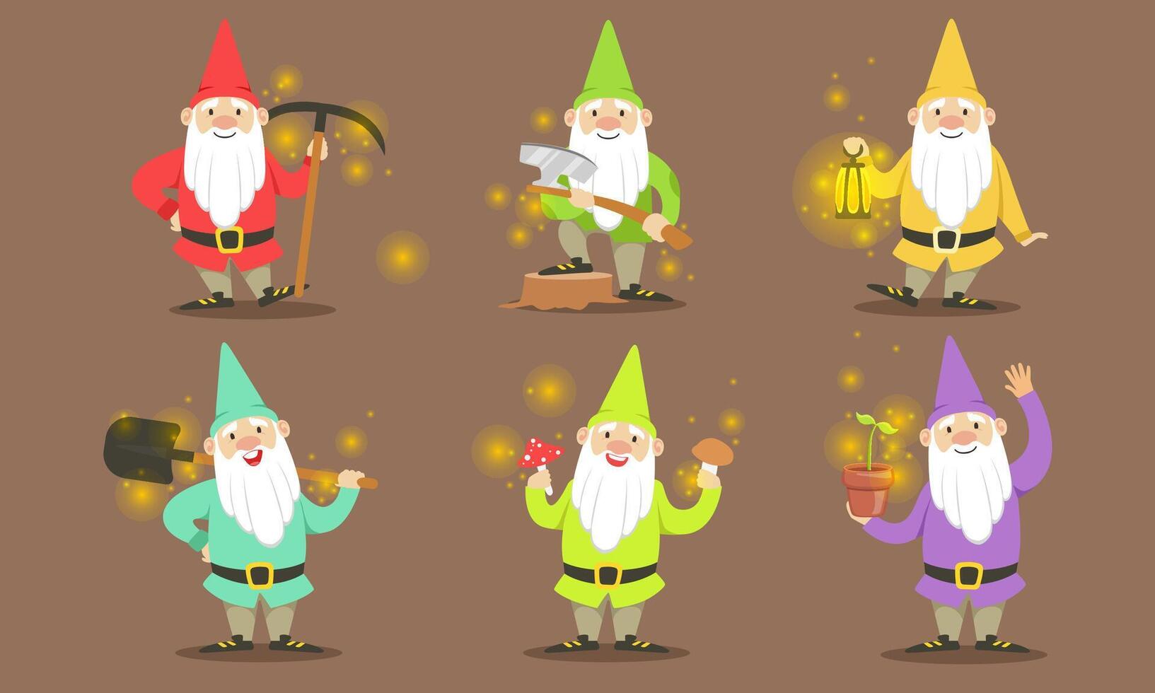 Happy Gnomes Set, Bearded Gnomes Characters in Colorful Outfits with Tools for Getting Gold, Crystals and Precious Stones Illustration vector