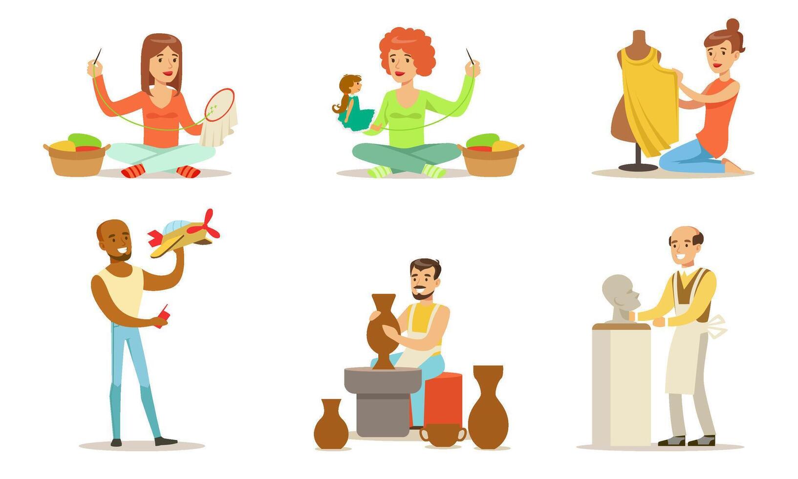 People of Creative Professions and Hobbies Set, Sewing, Embroidering, Making Ceramic Pots, Making Sculpture, Aeromodelling Illustration vector