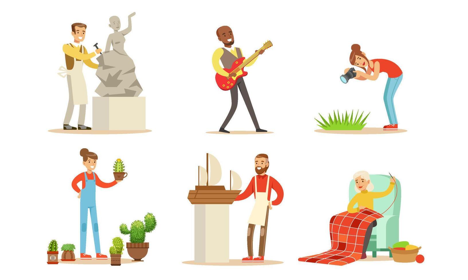 People of Creative Professions and Hobbies Set, Making Model of Sail Boat, Knitting, Planting Succulents, Playing Guitar, Photographing Illustration vector