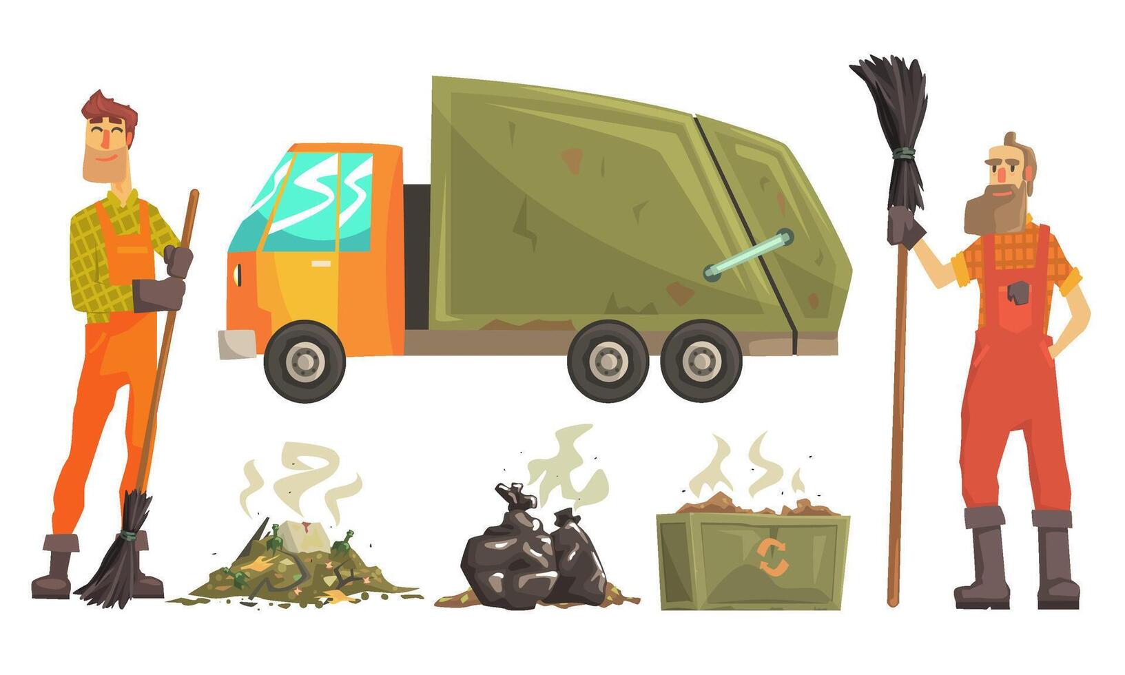Sanitation Workers Gathering Garbage and Waste for Recycling, Carbage Truck Illustration vector