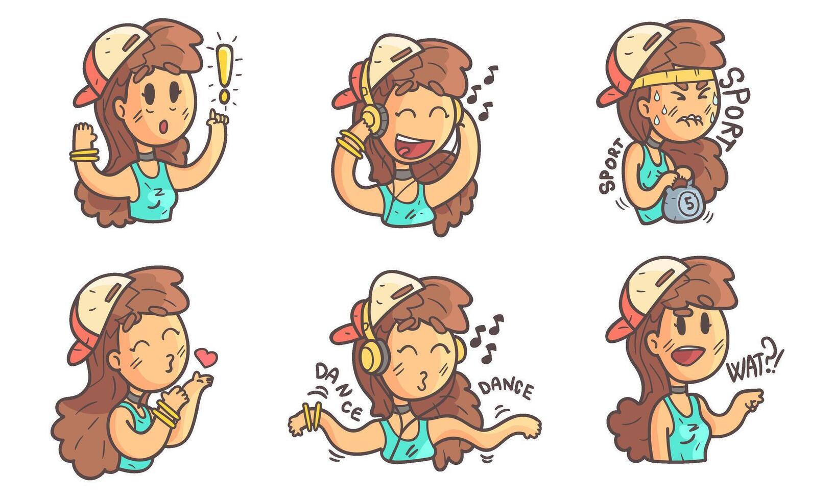Teenage Girl in Baseball Cap with Different Facial Expressions Set Illustration vector