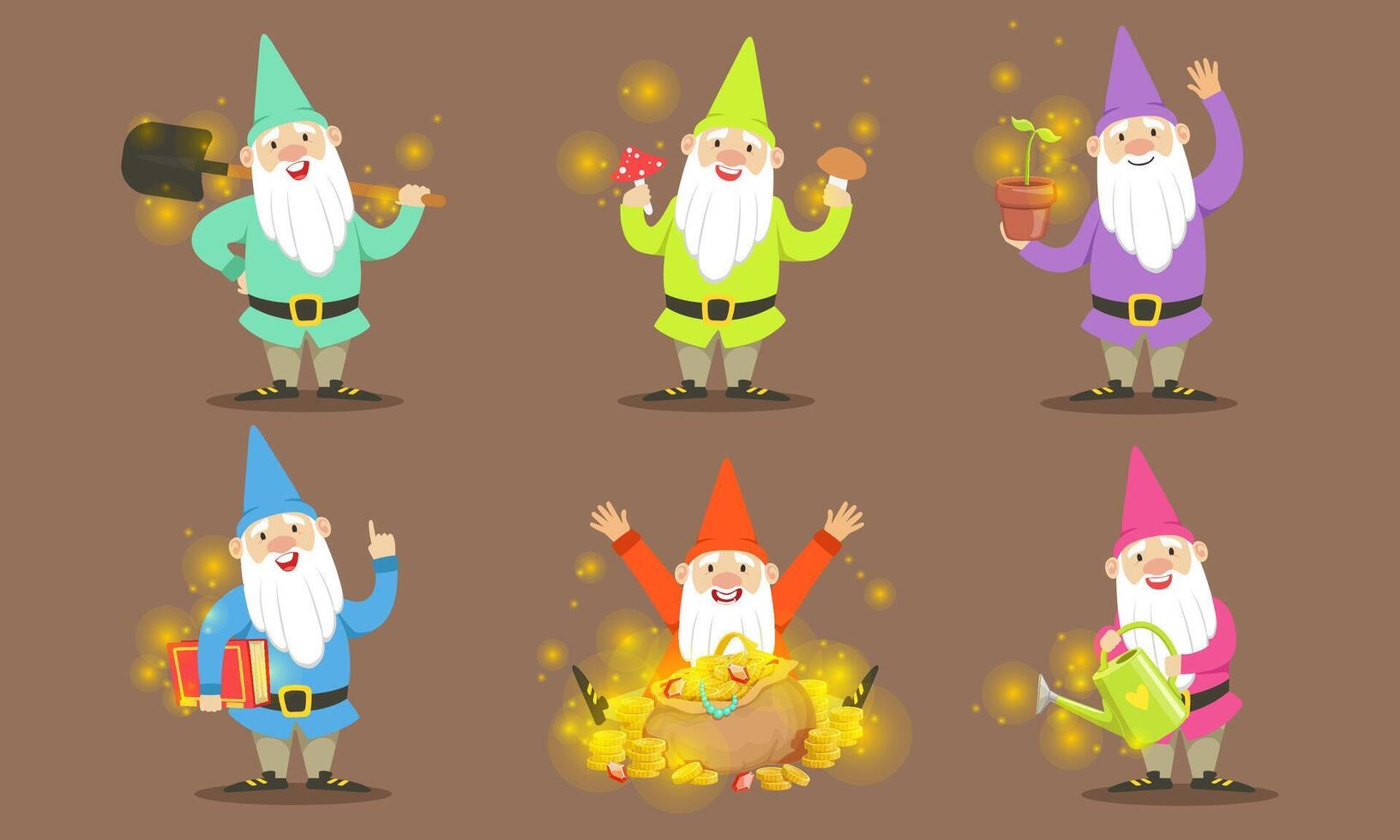 Happy Gnomes Set, Bearded Gnomes Characters with Tools for Getting Gold, Crystals and Precious Stones Illustration vector