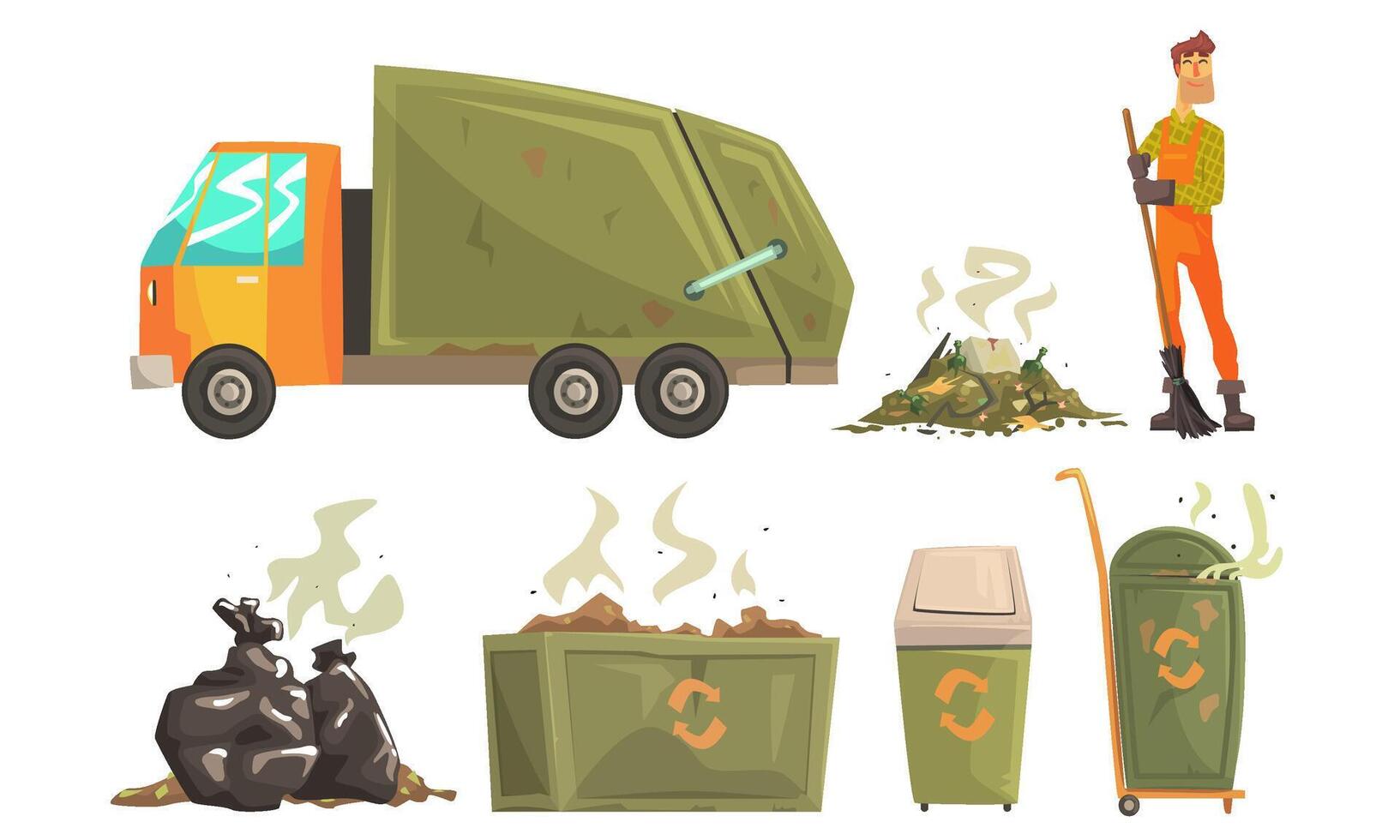 Street Cleaner Gathering Garbage and Waste, Carbage Truck, Recycling Service Illustration vector
