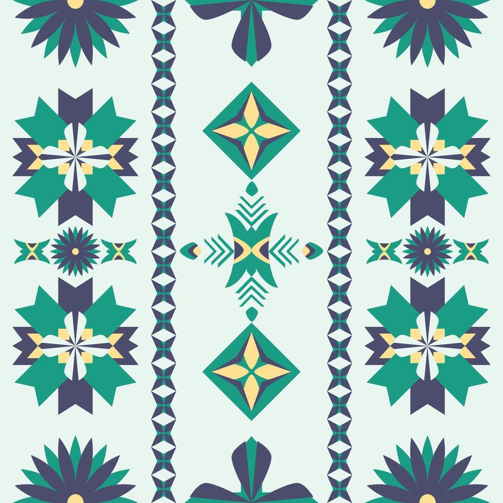 Tribal fabric, tile and carpet feature a geometric Native American pattern on a light green color background vector